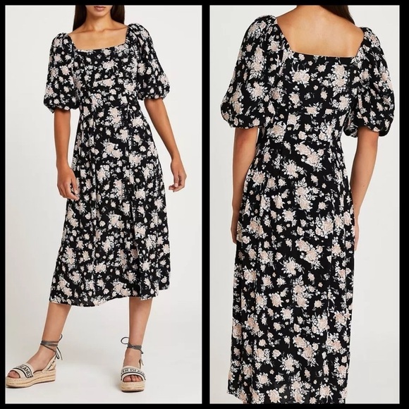 River Island Dresses & Skirts - River Island Black Floral Puff Sleeve Maxi Dress,Square Neck Cottagecore Size 10